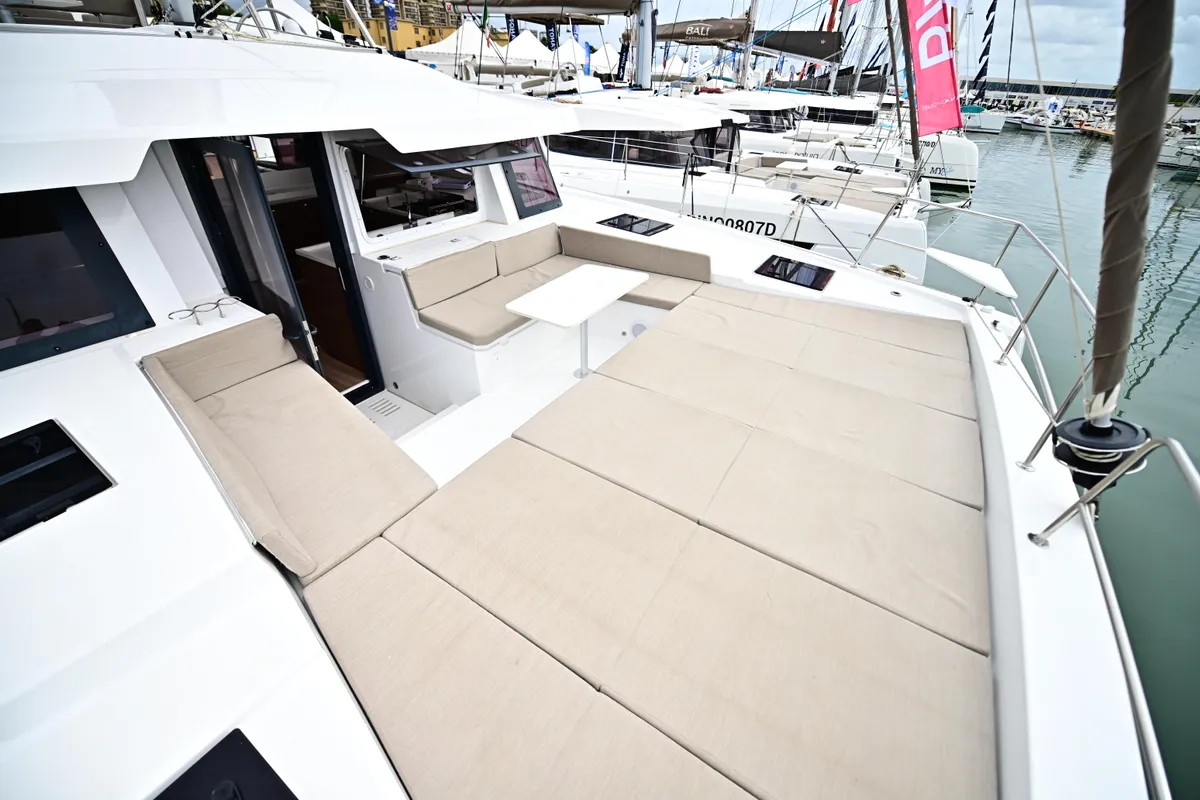 Deck of Arche, a Bali 4.4 catamaran at Salerno, Italy