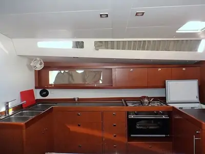 Galley of Navira, a Beneteau Oceanis 48 sailboat at Skiathos, Greece