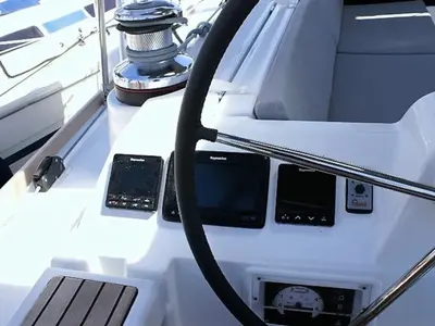 Cockpit of Navira, a Beneteau Oceanis 48 sailboat at Skiathos, Greece