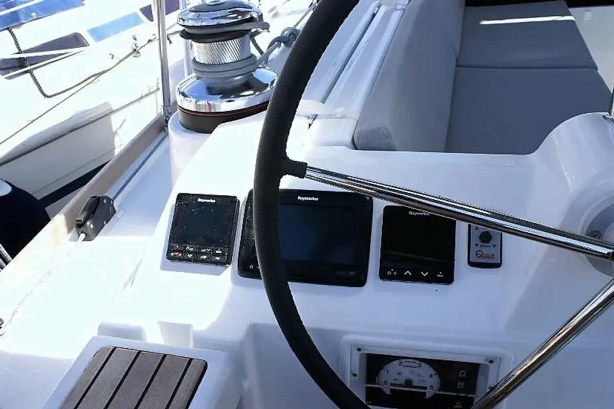 Cockpit of Navira, a Beneteau Oceanis 48 sailboat at Skiathos, Greece