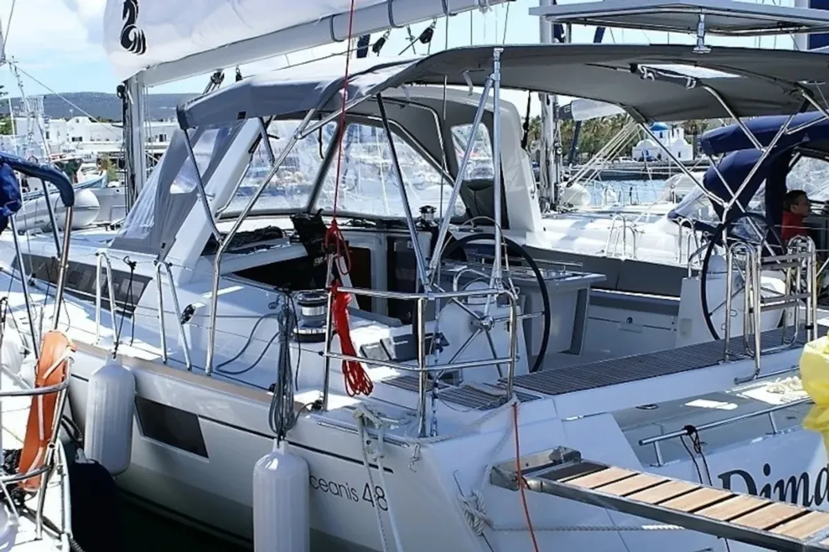 Exterior view of Navira, a Beneteau Oceanis 48 sailboat at Skiathos, Greece