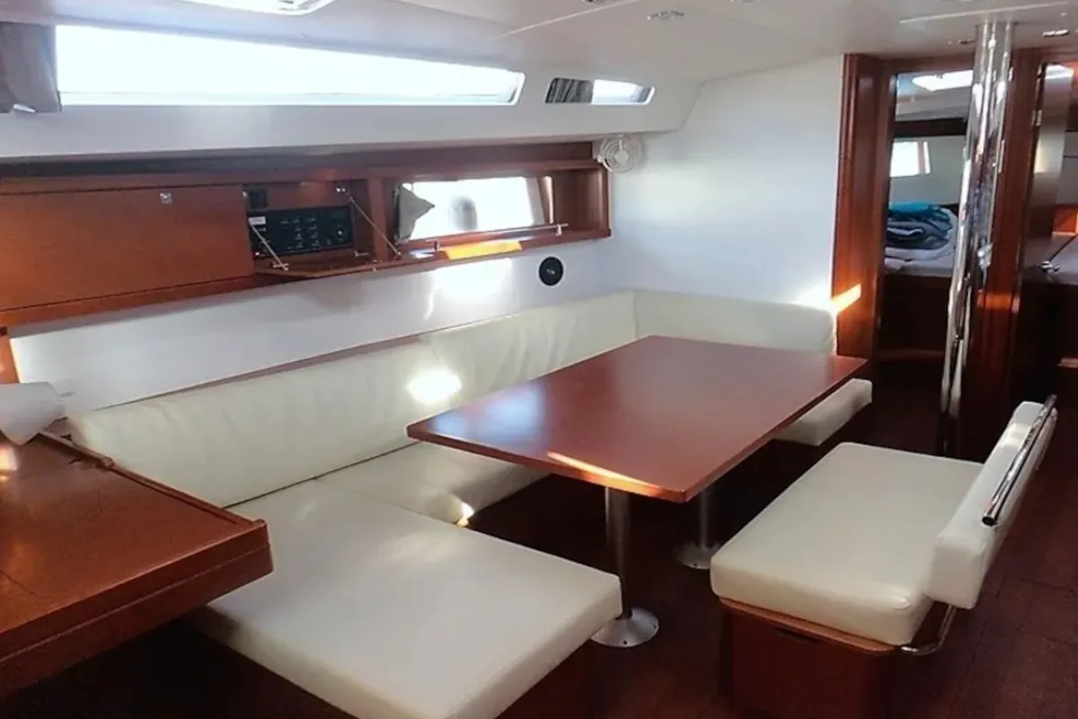Salon of Navira, a Beneteau Oceanis 48 sailboat at Skiathos, Greece