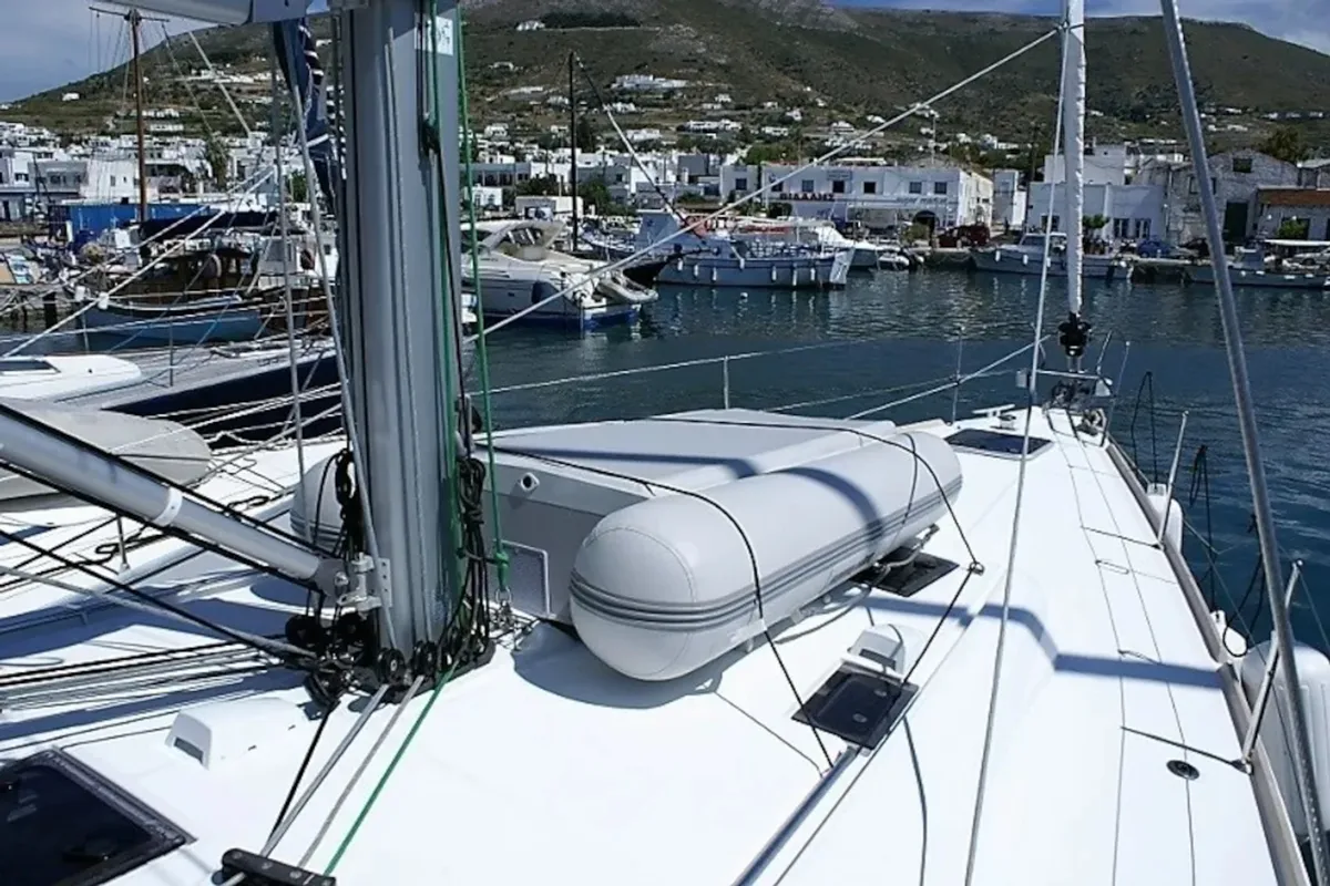 Deck of Navira, a Beneteau Oceanis 48 sailboat at Skiathos, Greece