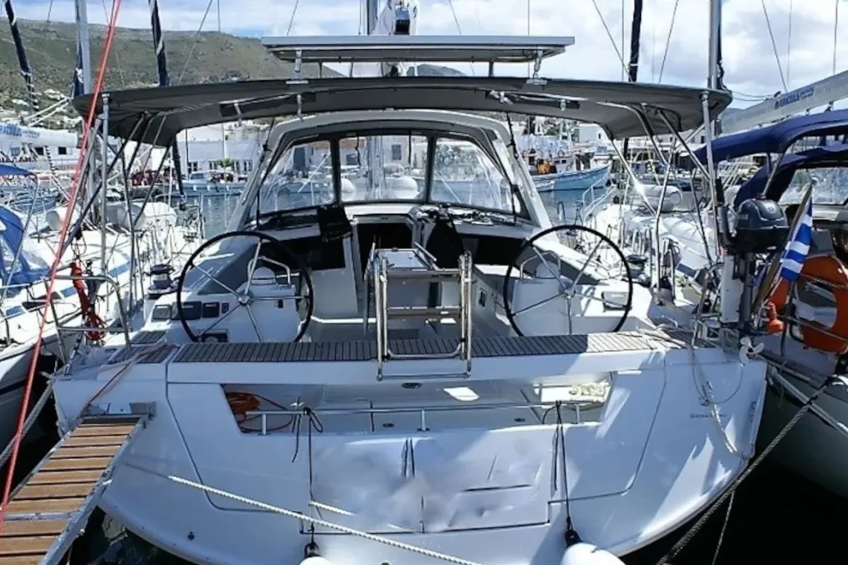 Exterior view of Navira, a Beneteau Oceanis 48 sailboat at Skiathos, Greece