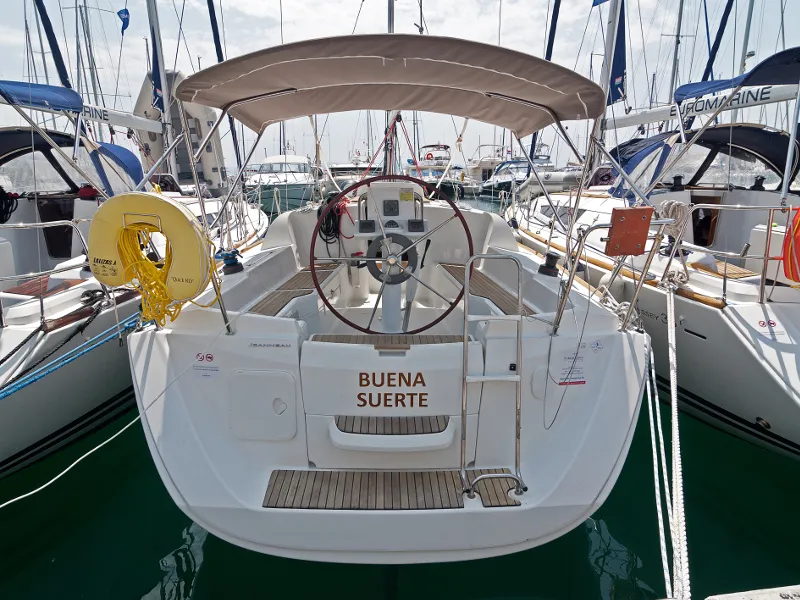 Cockpit of Buena Suerte, a Jeanneau Sun Odyssey 33i sailboat at Split, Croatia