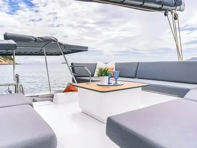 Deck of Premium +, a Fountaine Pajot Tanna 47 catamaran at Pointe-à-Pitre, France