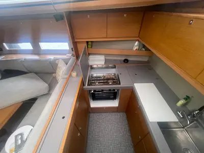 Galley of Captain Leo, a Dufour 560 sailboat at Agios Stefanos, Greece