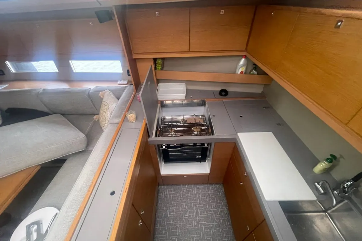 Galley of Captain Leo, a Dufour 560 sailboat at Agios Stefanos, Greece