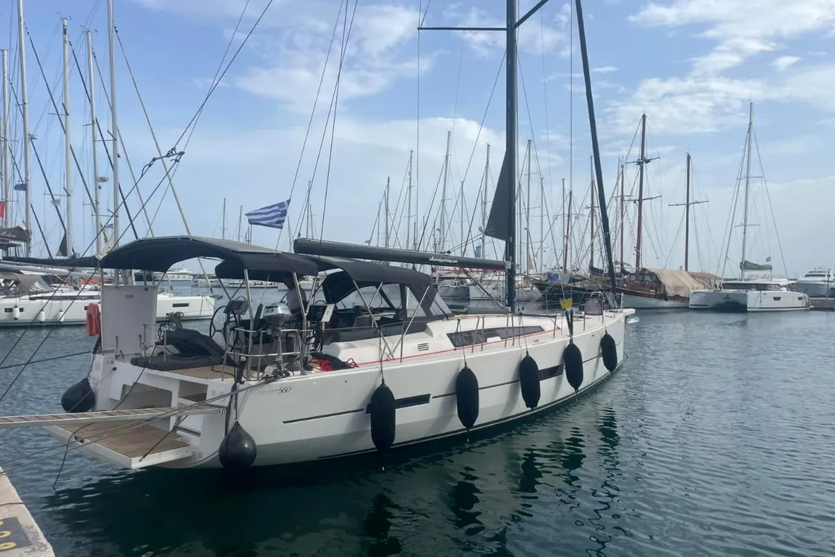 Exterior view of Captain Leo, a Dufour 560 sailboat at Agios Stefanos, Greece