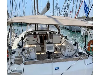Cockpit of Volantis 9, a Bavaria Cruiser 46 sailboat at Kos, Greece