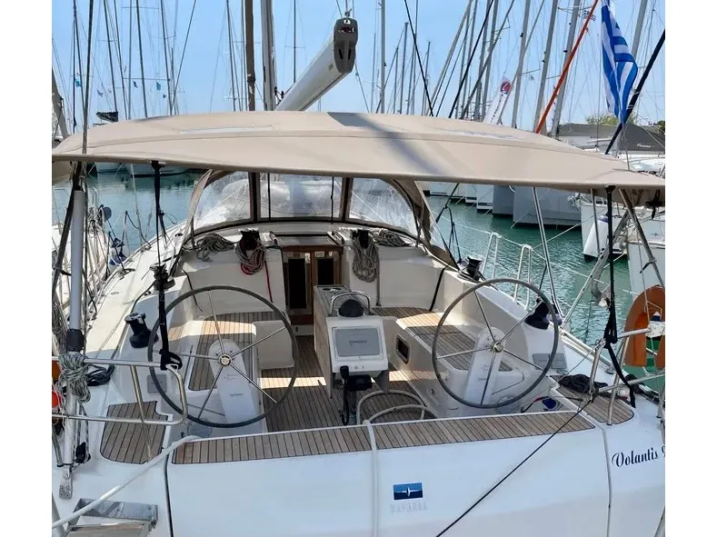 Cockpit of Volantis 9, a Bavaria Cruiser 46 sailboat at Kos, Greece