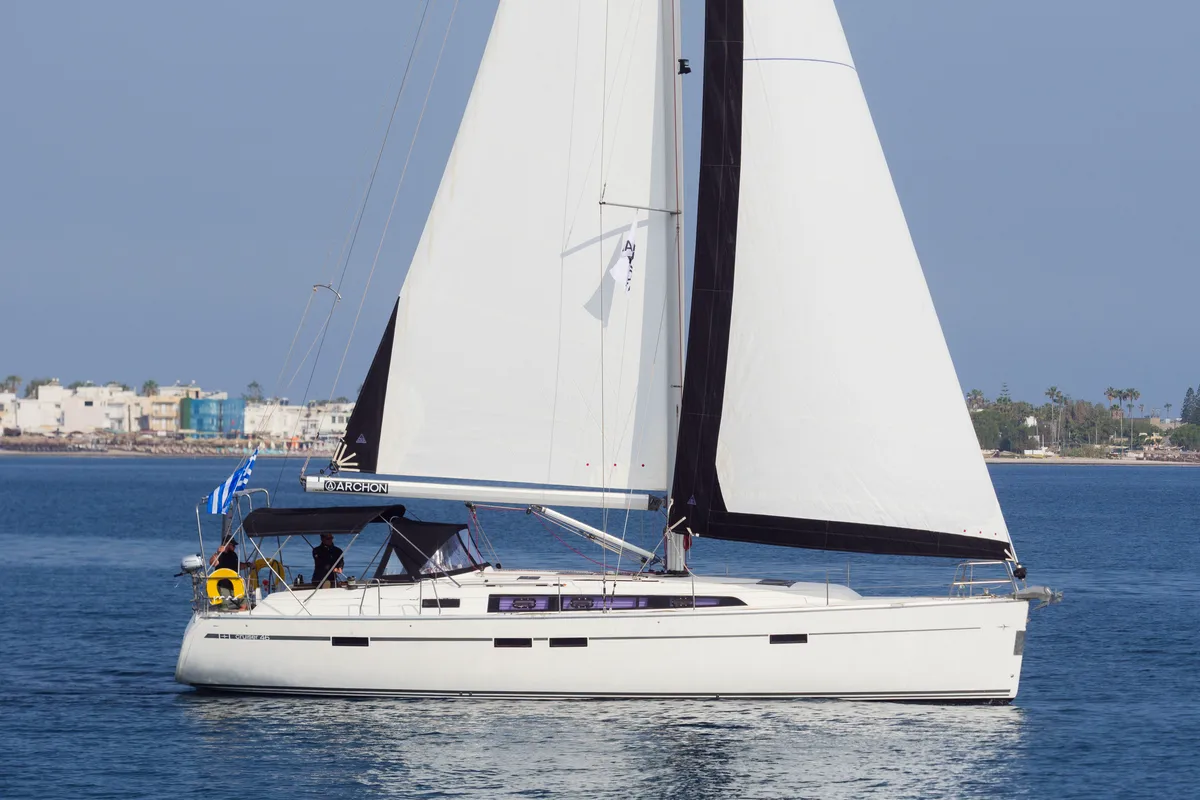 Exterior view of Volantis 9, a Bavaria Cruiser 46 sailboat at Kos, Greece