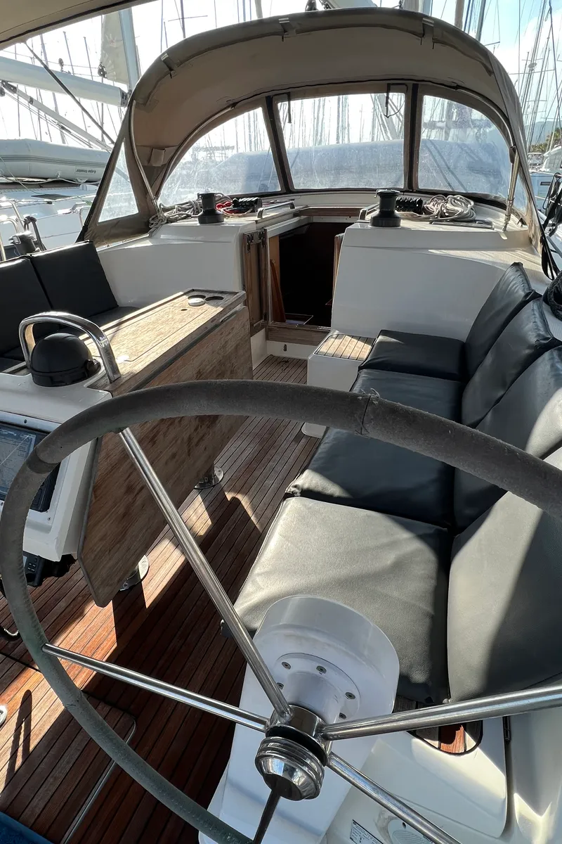Cockpit of Volantis 9, a Bavaria Cruiser 46 sailboat at Kos, Greece