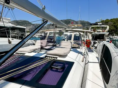 Deck of Brahms, a Dufour 430 sailboat at Fethiye, Turkey