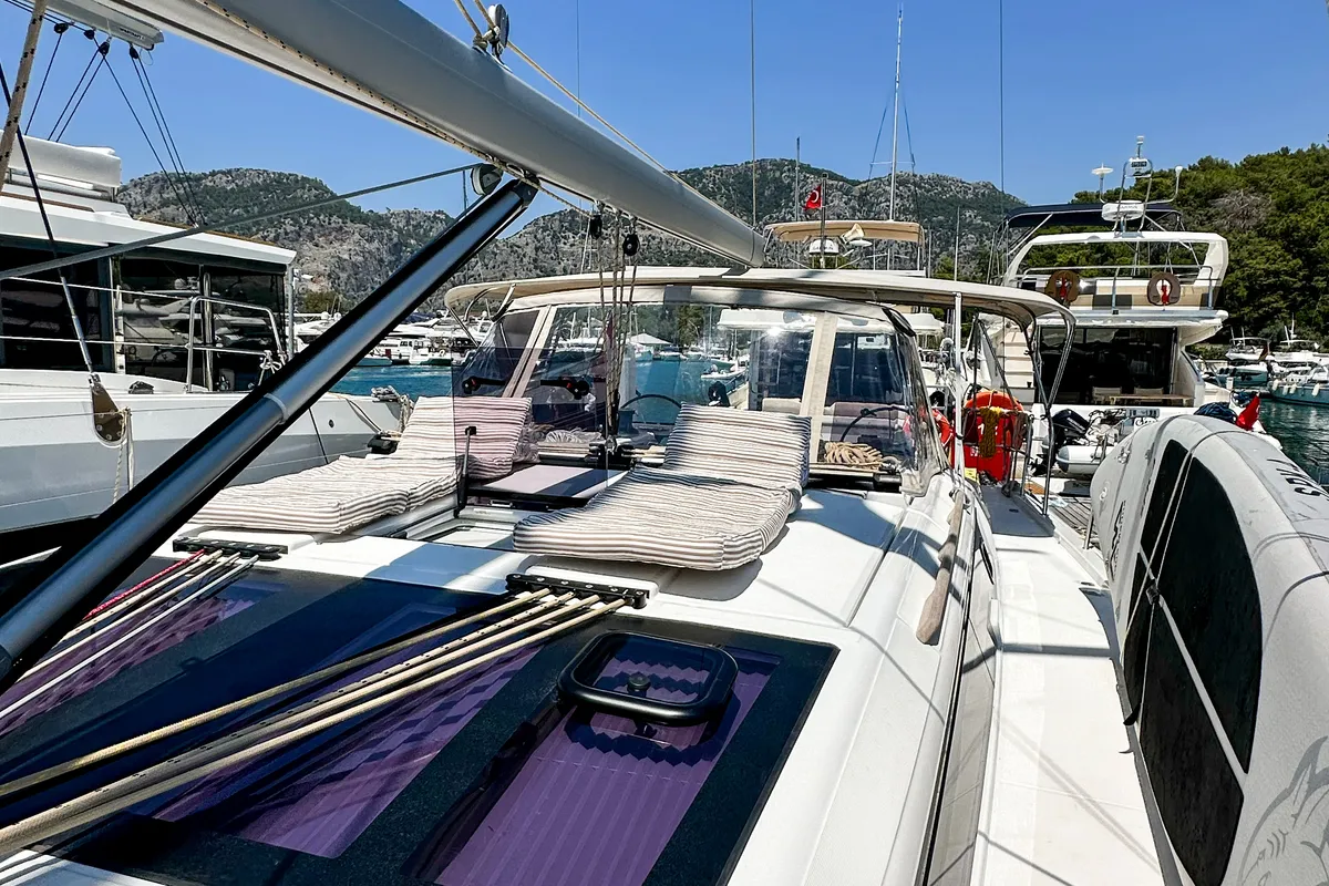 Deck of Brahms, a Dufour 430 sailboat at Fethiye, Turkey