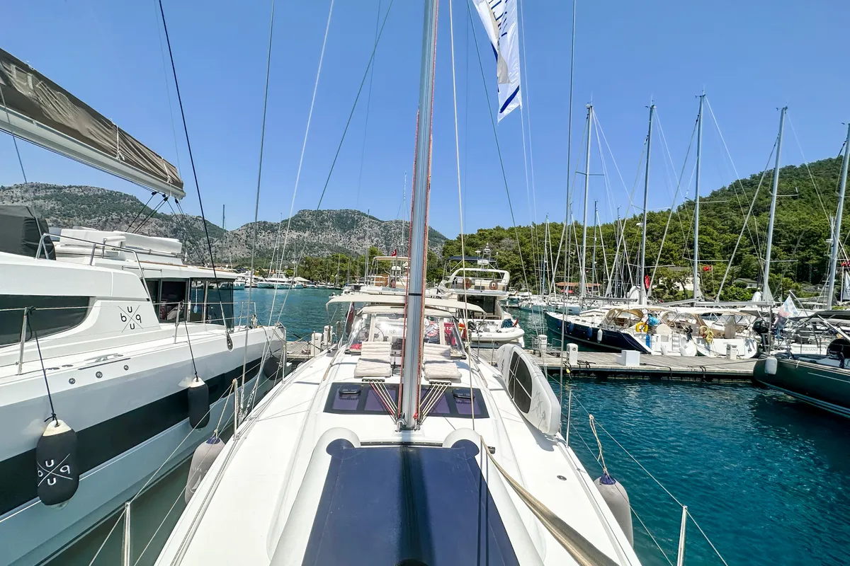 Deck of Brahms, a Dufour 430 sailboat at Fethiye, Turkey