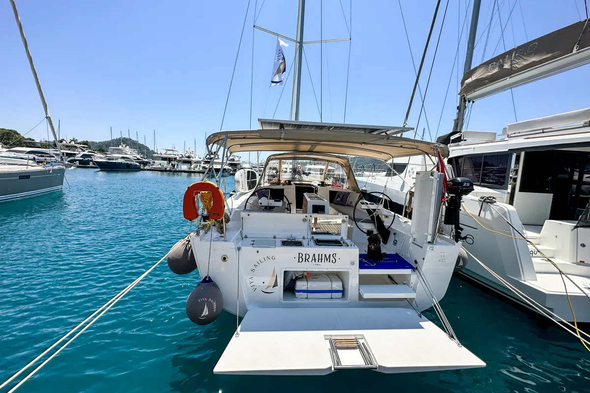 Exterior view of Brahms, a Dufour 430 sailboat at Fethiye, Turkey