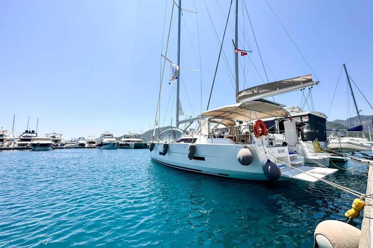 Exterior view of Brahms, a Dufour 430 sailboat at Fethiye, Turkey