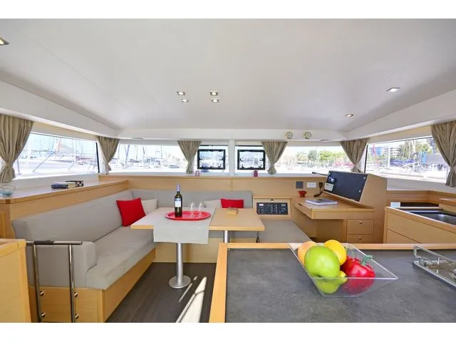Salon of Callisto L400, a Lagoon 400 S2 catamaran at Lavreotiki Municipal Unit, Greece