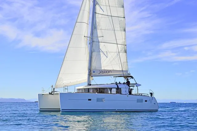 Exterior view of Callisto L400, a Lagoon 400 S2 catamaran at Lavreotiki Municipal Unit, Greece