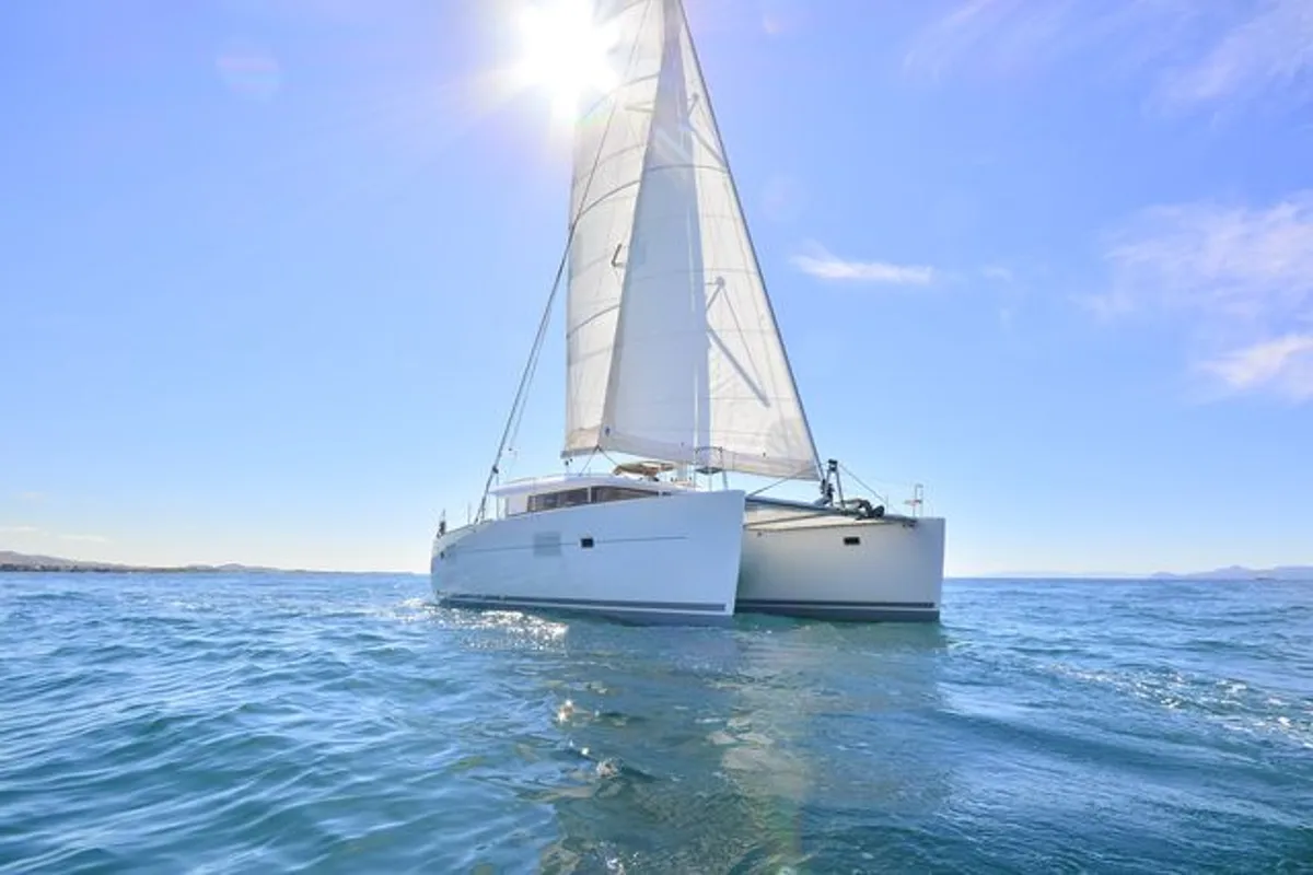 Exterior view of Callisto L400, a Lagoon 400 S2 catamaran at Lavreotiki Municipal Unit, Greece