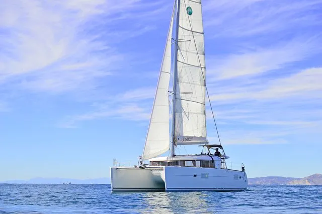 Exterior view of Callisto L400, a Lagoon 400 S2 catamaran at Lavreotiki Municipal Unit, Greece