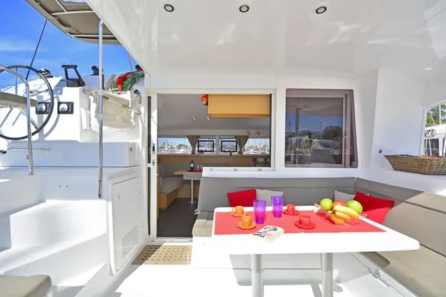 Deck of Callisto L400, a Lagoon 400 S2 catamaran at Lavreotiki Municipal Unit, Greece