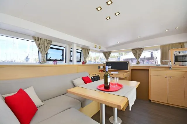 Salon of Callisto L400, a Lagoon 400 S2 catamaran at Lavreotiki Municipal Unit, Greece
