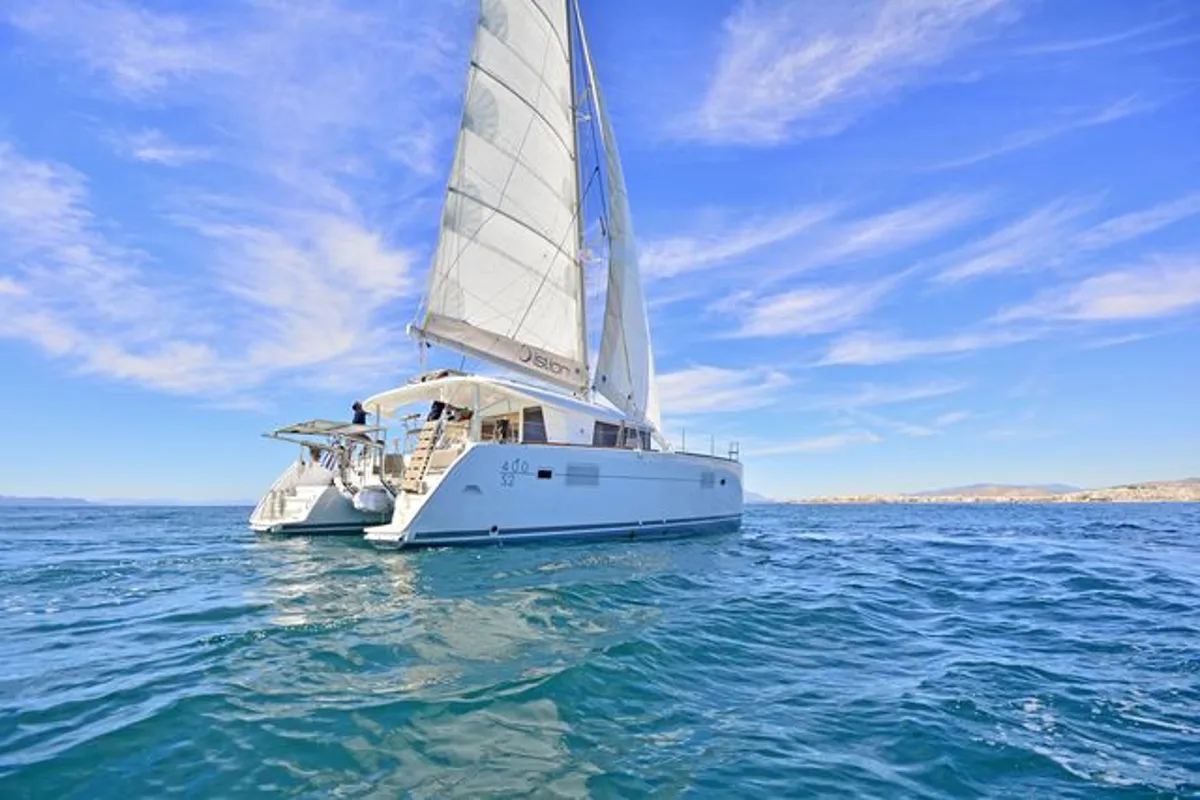 Exterior view of Callisto L400, a Lagoon 400 S2 catamaran at Lavreotiki Municipal Unit, Greece