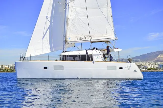 Exterior view of Callisto L400, a Lagoon 400 S2 catamaran at Lavreotiki Municipal Unit, Greece