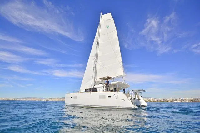 Exterior view of Callisto L400, a Lagoon 400 S2 catamaran at Lavreotiki Municipal Unit, Greece