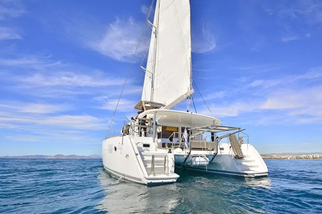 Exterior view of Callisto L400, a Lagoon 400 S2 catamaran at Lavreotiki Municipal Unit, Greece