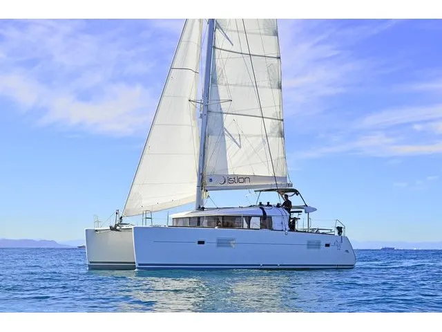 Exterior view of Callisto L400, a Lagoon 400 S2 catamaran at Lavreotiki Municipal Unit, Greece