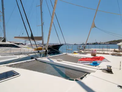 Deck of Callisto L400, a Lagoon 400 S2 catamaran at Lavreotiki, Greece