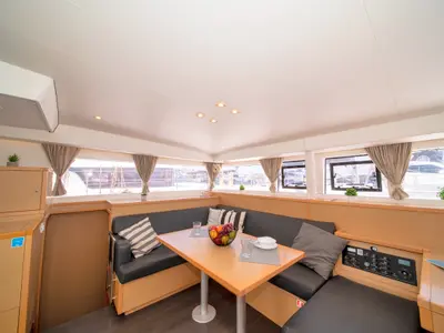 Salon of Callisto L400, a Lagoon 400 S2 catamaran at Lavreotiki, Greece