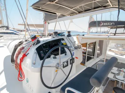Cockpit of Callisto L400, a Lagoon 400 S2 catamaran at Lavreotiki, Greece