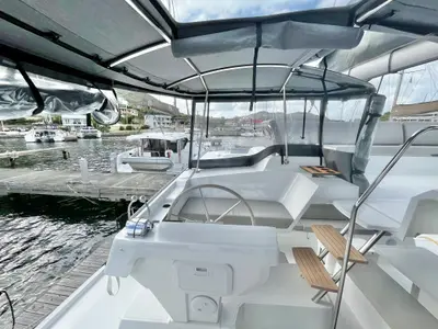 Cockpit of Wanderlust, a Fountaine Pajot Elba 45 catamaran at Parham Town, British Virgin Islands