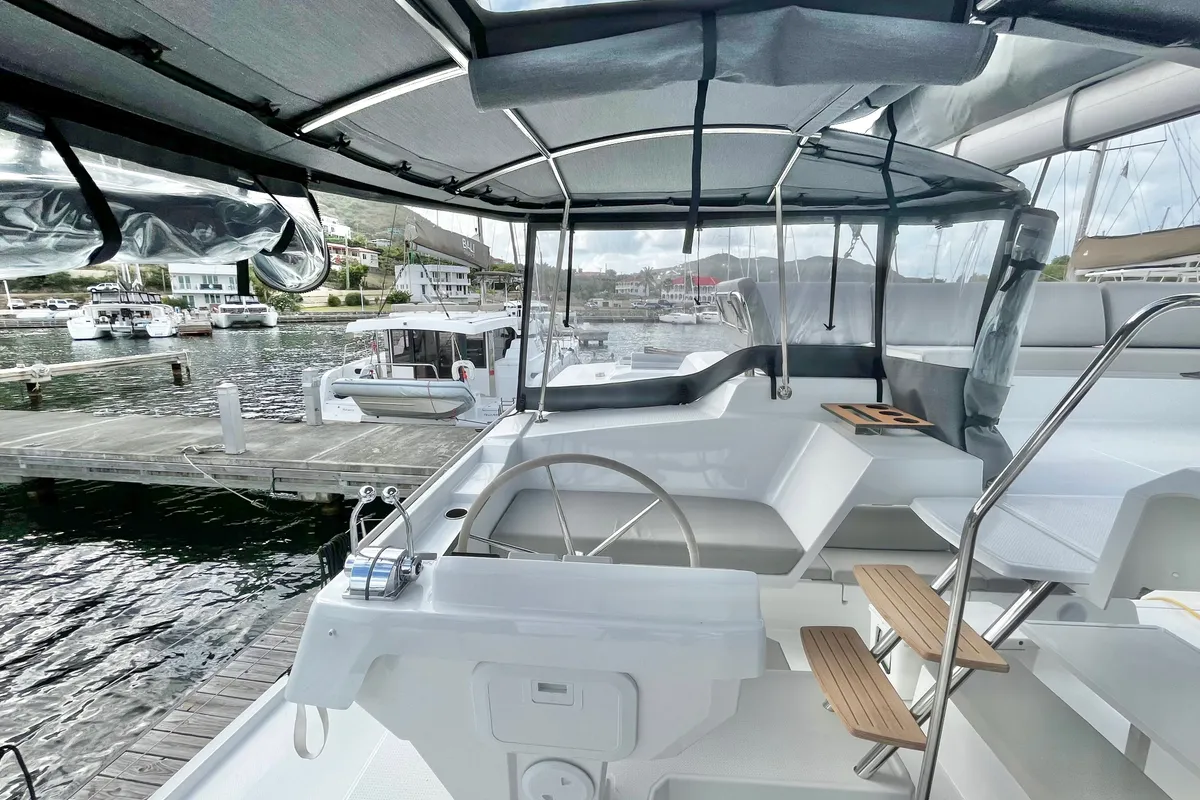 Cockpit of Wanderlust, a Fountaine Pajot Elba 45 catamaran at Parham Town, British Virgin Islands