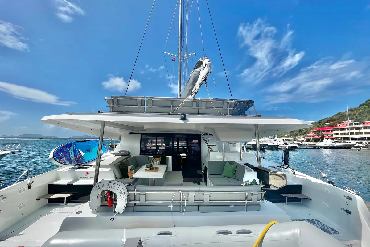 Exterior view of Wanderlust, a Fountaine Pajot Elba 45 catamaran at Parham Town, British Virgin Islands