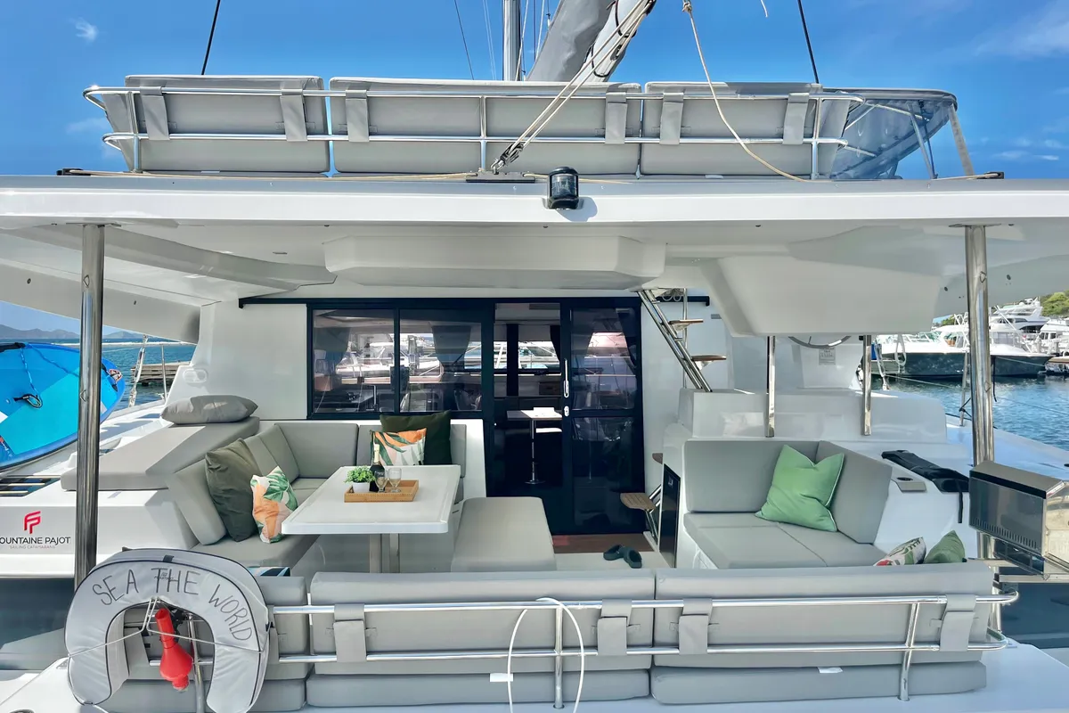 Deck of Wanderlust, a Fountaine Pajot Elba 45 catamaran at Parham Town, British Virgin Islands
