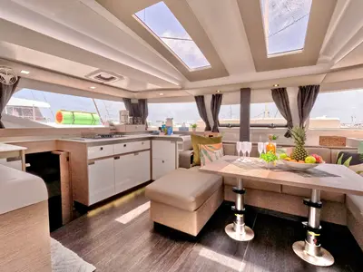 Salon of Wanderlust, a Fountaine Pajot Elba 45 catamaran at Parham Town, British Virgin Islands