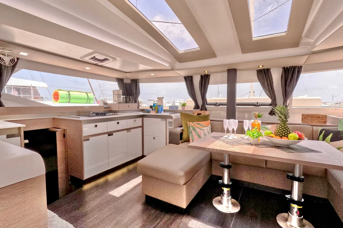 Salon of Wanderlust, a Fountaine Pajot Elba 45 catamaran at Parham Town, British Virgin Islands