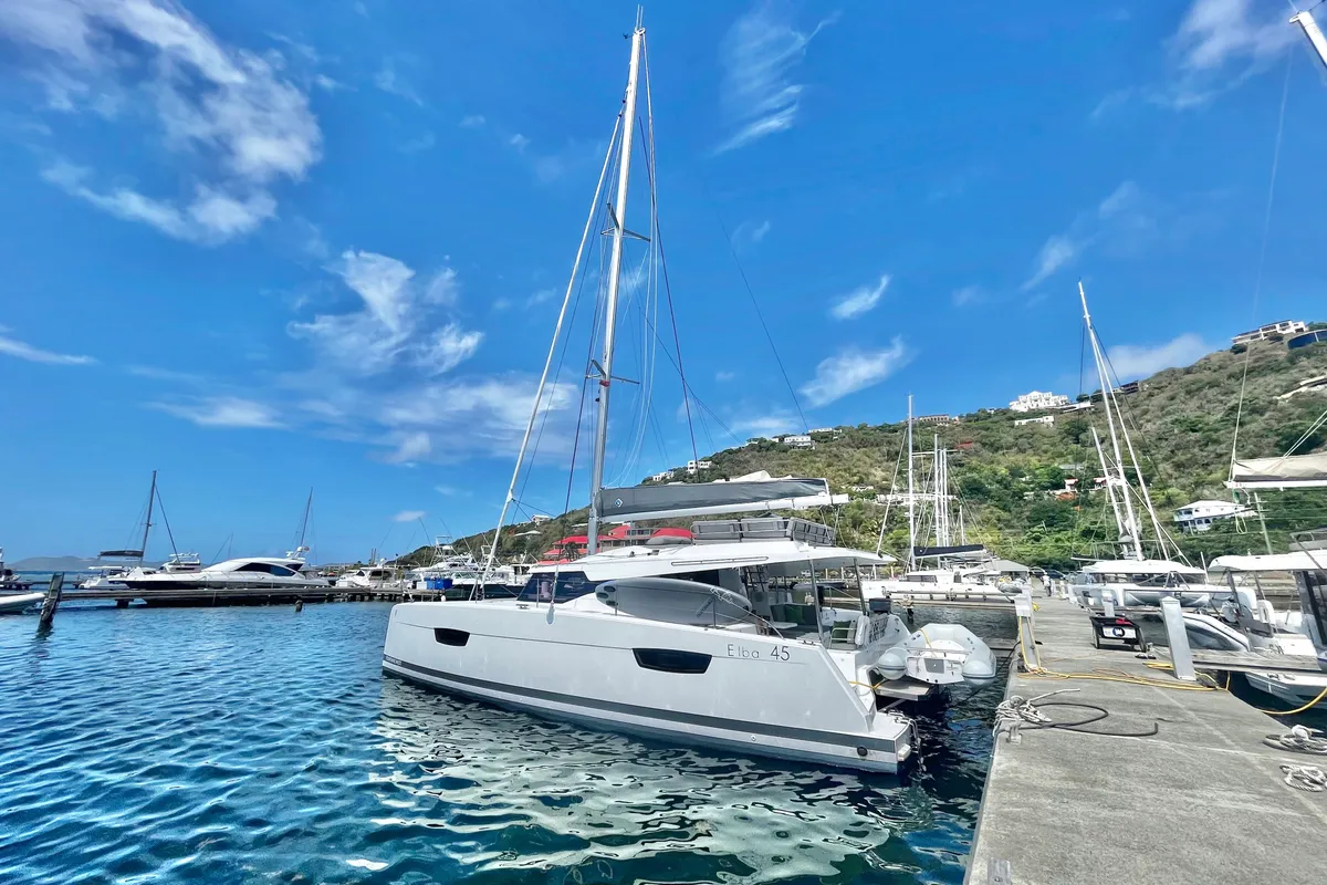 Exterior view of Wanderlust, a Fountaine Pajot Elba 45 catamaran at Parham Town, British Virgin Islands
