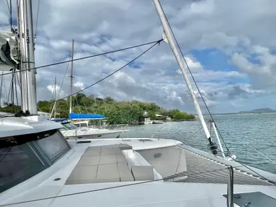 Deck of Wanderlust, a Fountaine Pajot Elba 45 catamaran at Parham Town, British Virgin Islands