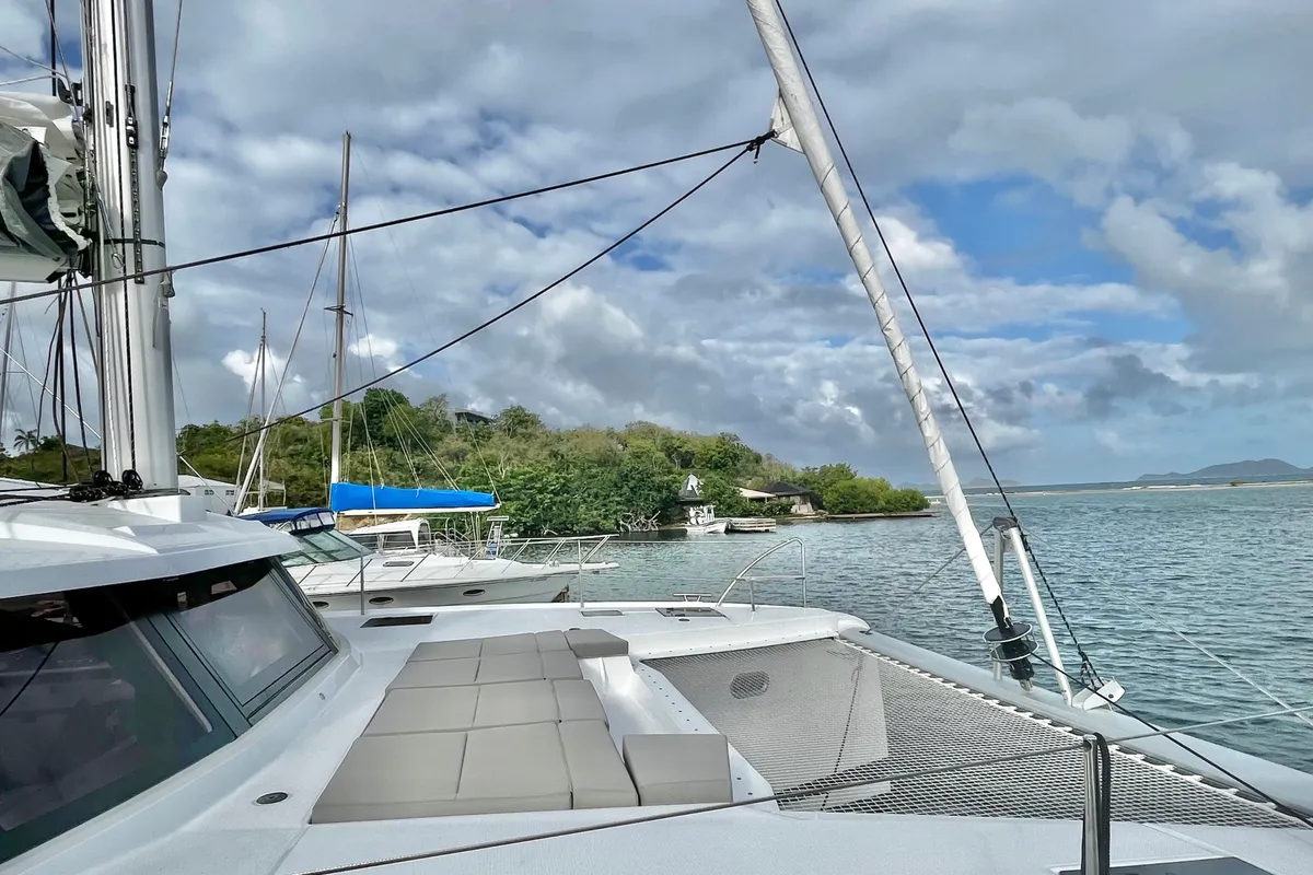 Deck of Wanderlust, a Fountaine Pajot Elba 45 catamaran at Parham Town, British Virgin Islands