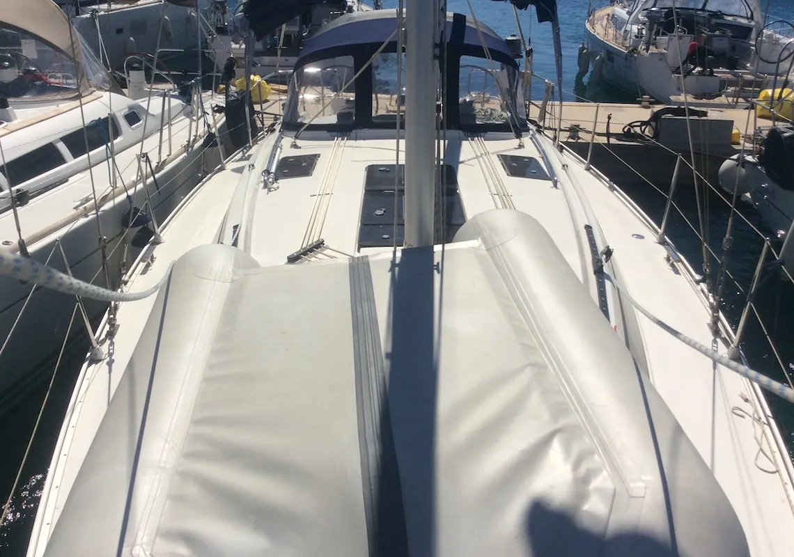 Deck of Elnath, a Bavaria Cruiser 37 sailboat at Olbia, Italy