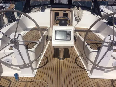 Cockpit of Elnath, a Bavaria Cruiser 37 sailboat at Olbia, Italy