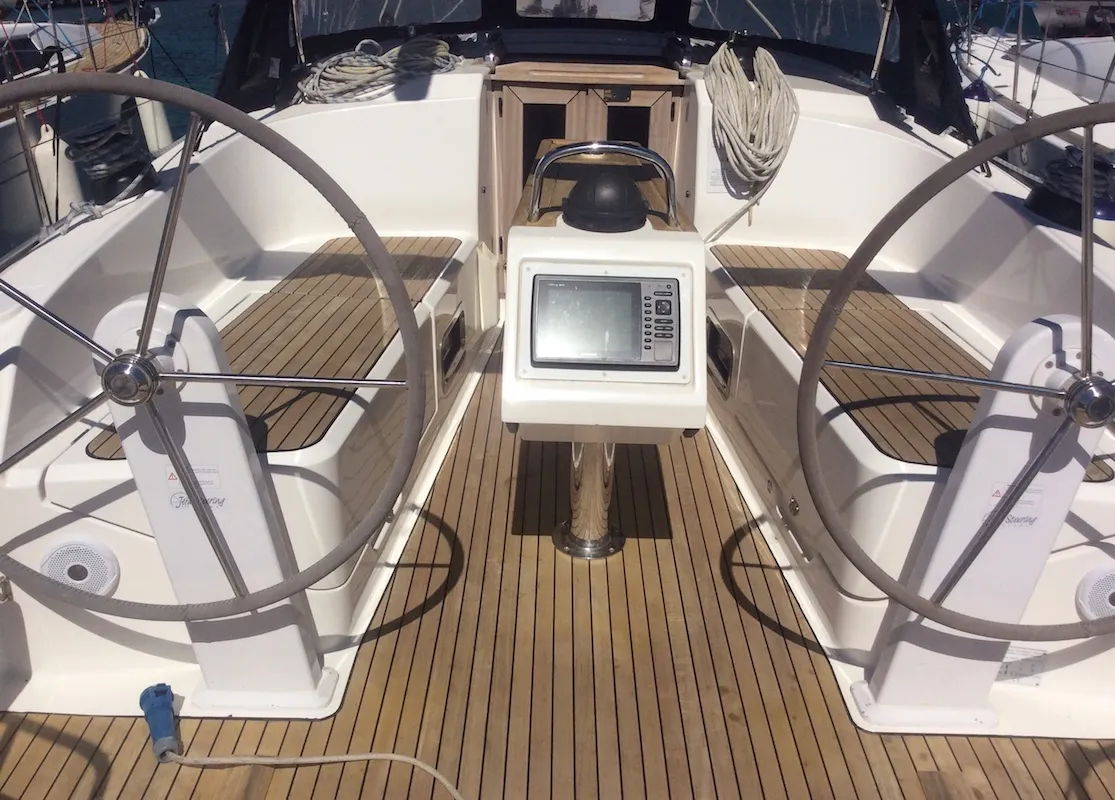 Cockpit of Elnath, a Bavaria Cruiser 37 sailboat at Olbia, Italy