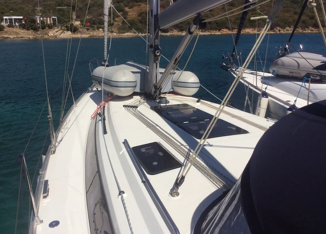 Deck of Elnath, a Bavaria Cruiser 37 sailboat at Olbia, Italy
