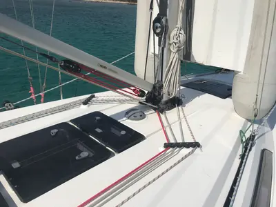 Deck of Elnath, a Bavaria Cruiser 37 sailboat at Olbia, Italy